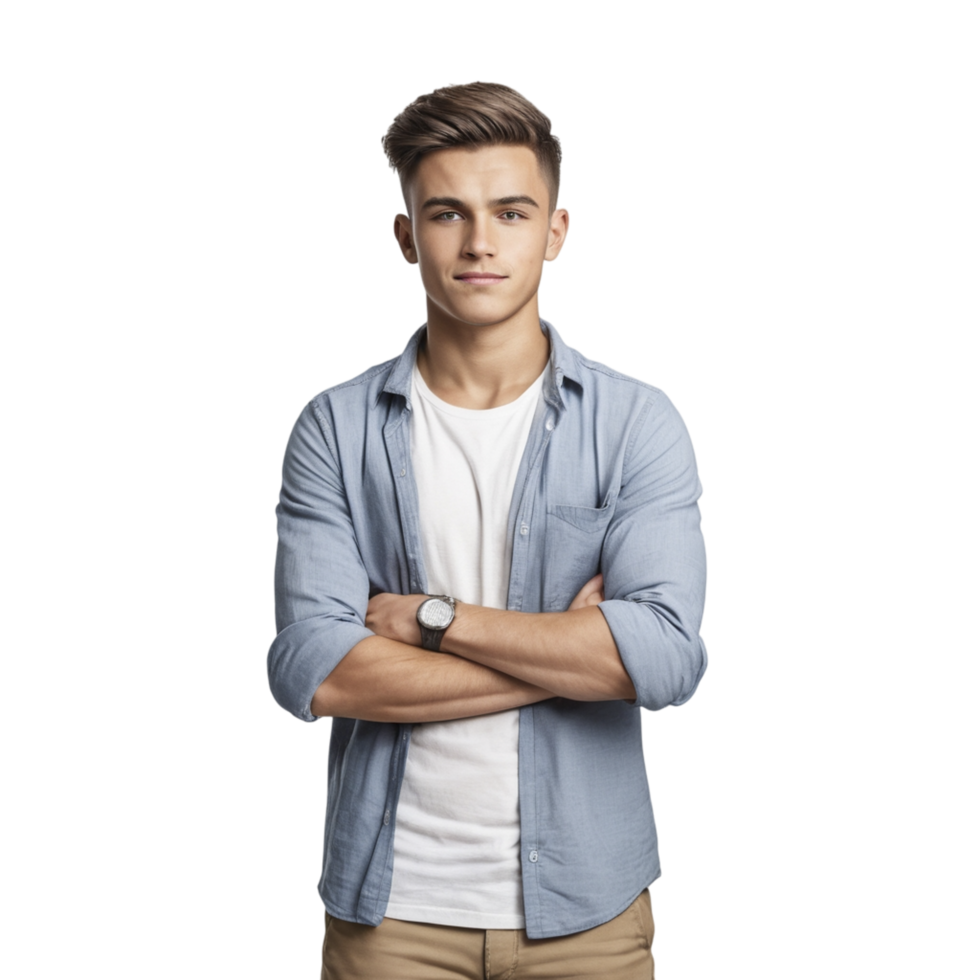 Young man in shirt and khaki pants standing with arms crossed png