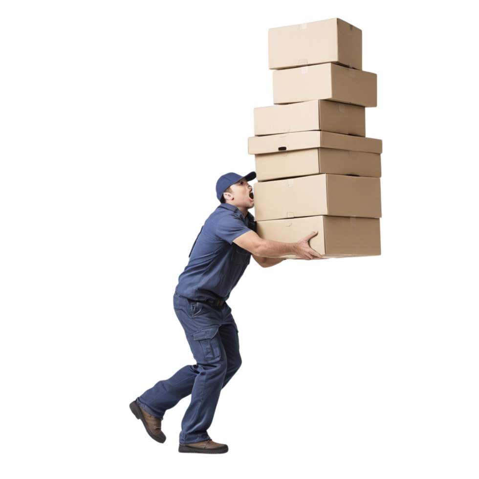 A man carrying boxes on his back png