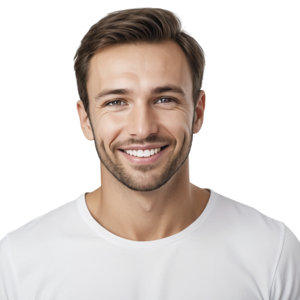 A man smiling in a white t - shirt png