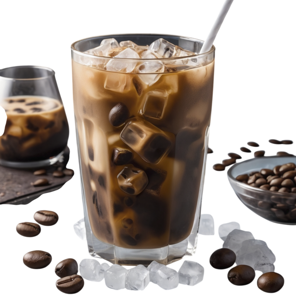 An iced coffee with ice cubes and coffee beans png