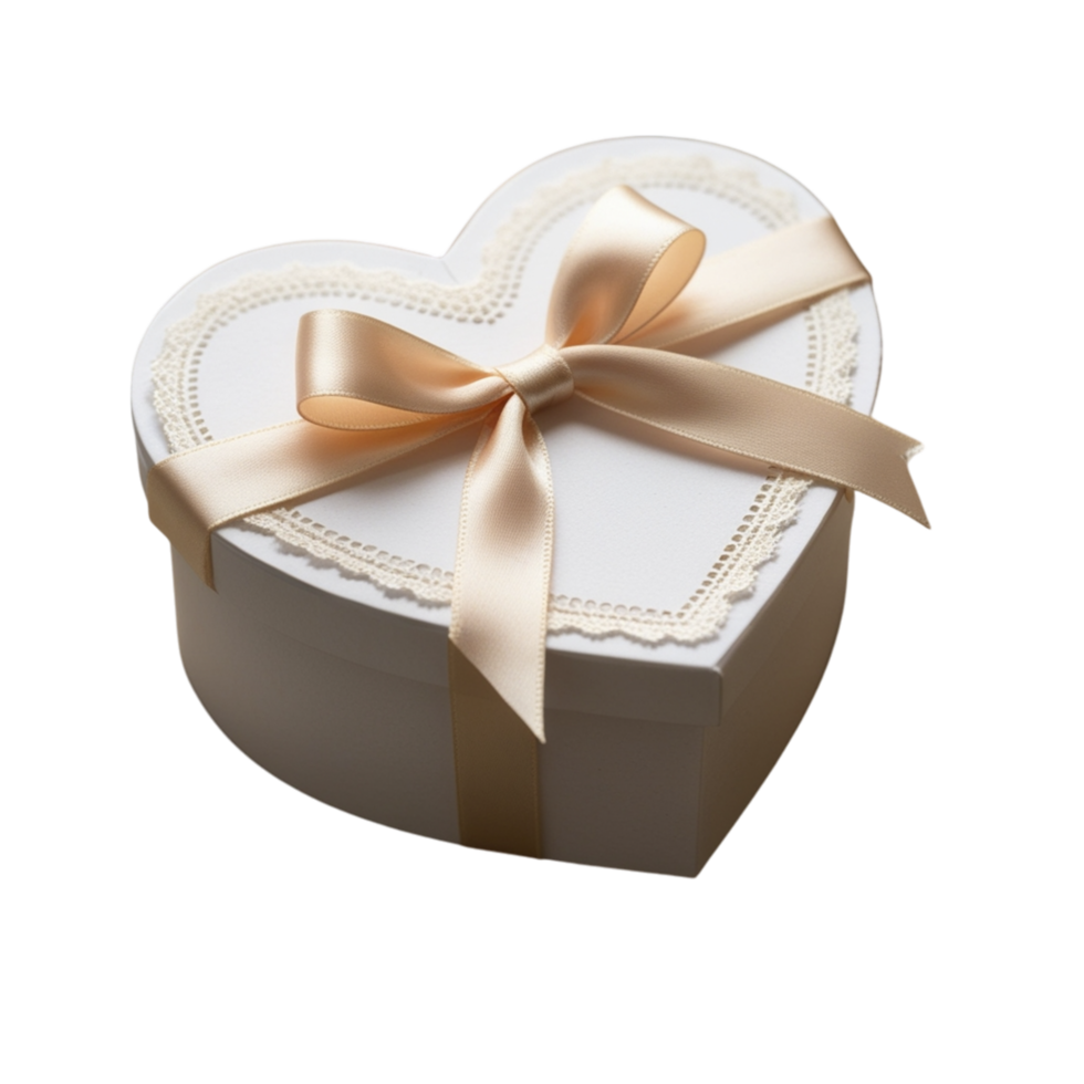 A white heart shaped box with a gold ribbon png