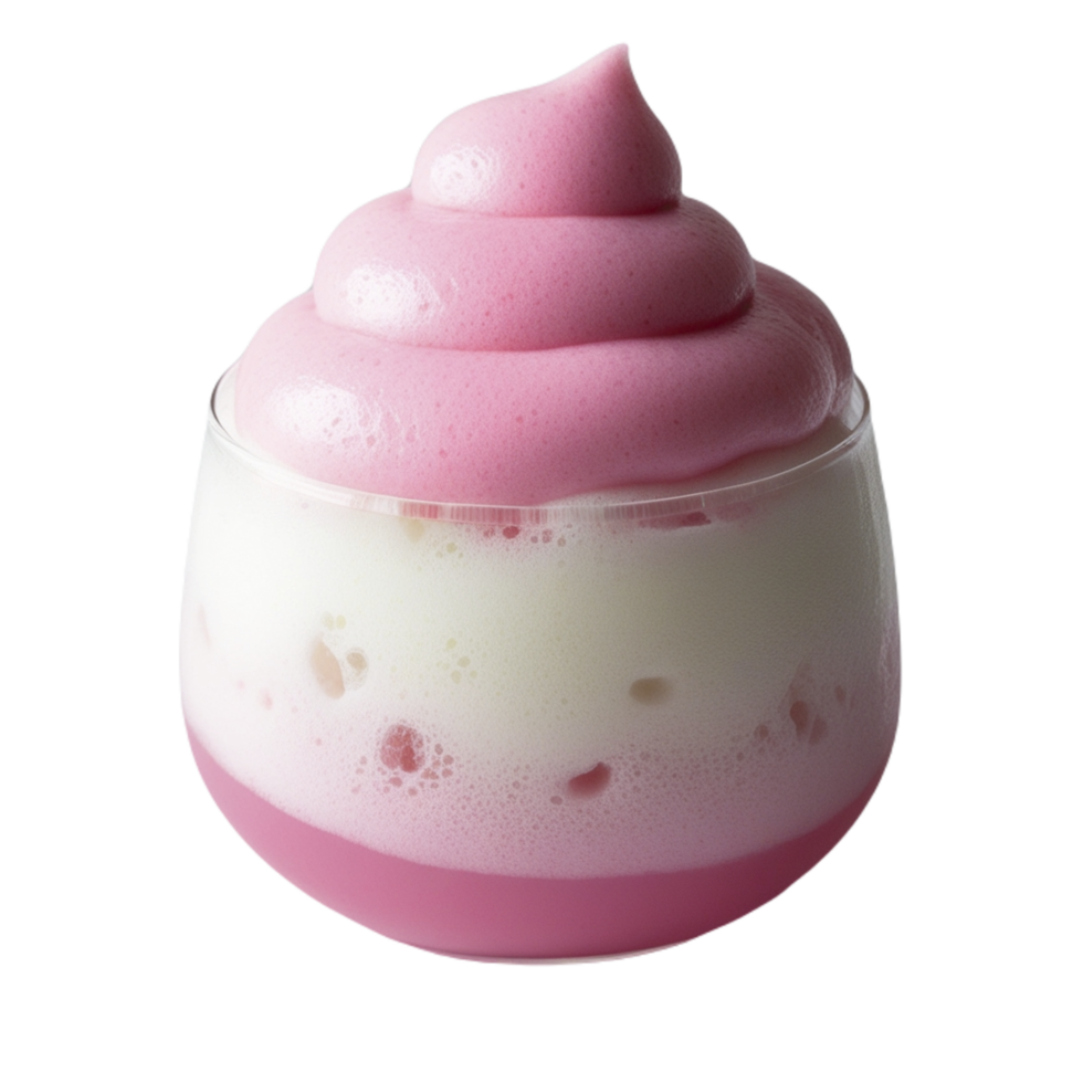 A pink dessert with a white top png