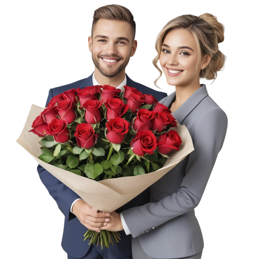 A man and woman in business attire holding a bouquet of red roses png