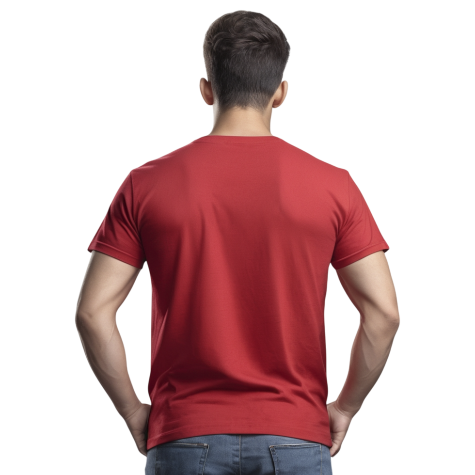 The back of a man wearing a red t - shirt png