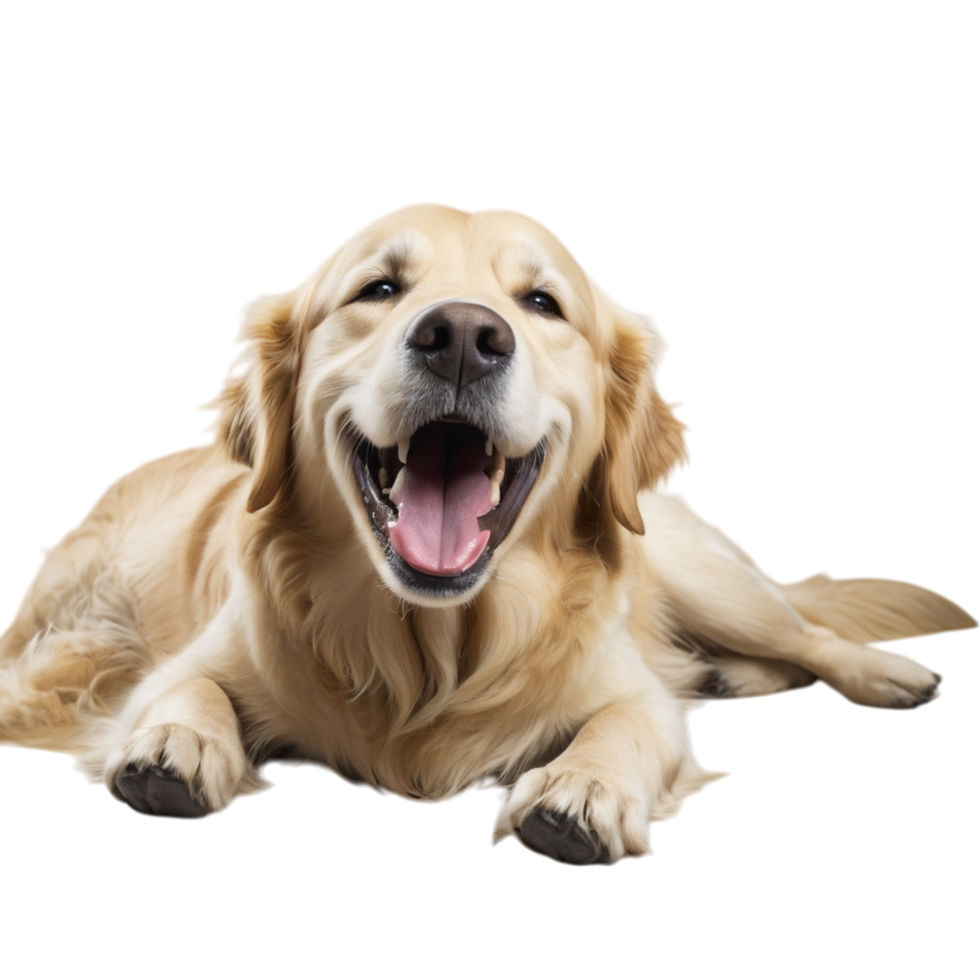 A golden retriever is laying down with its mouth open png