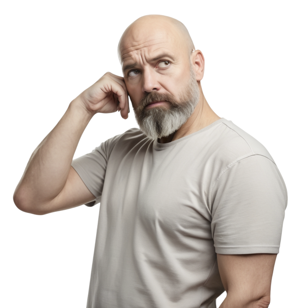 A bald man with a beard and a white t - shirt png