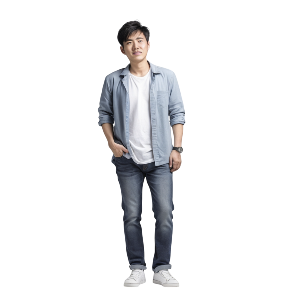 A man in jeans and a white shirt standing png