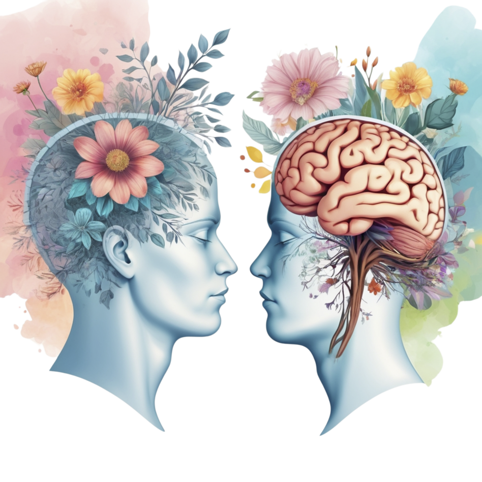 Two people with flowers in their heads and brains png
