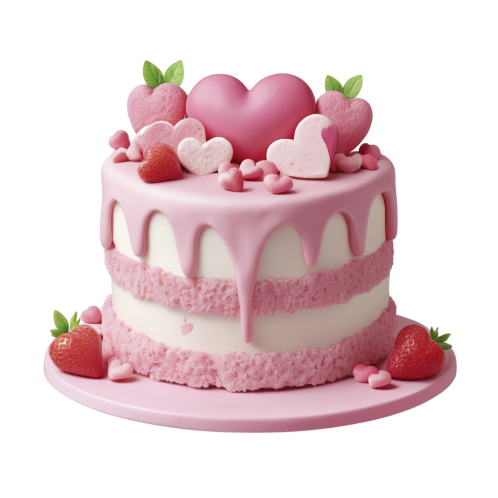 A pink cake with strawberries and hearts png