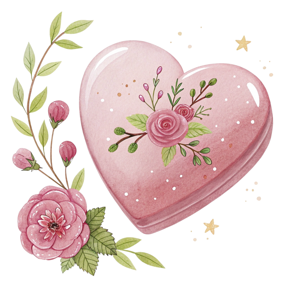 A heart shaped box with pink flowers and stars png