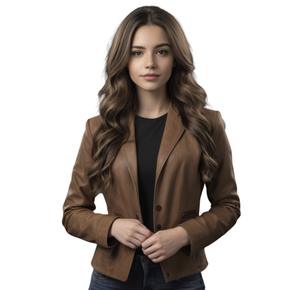 A beautiful young woman in a brown leather jacket png