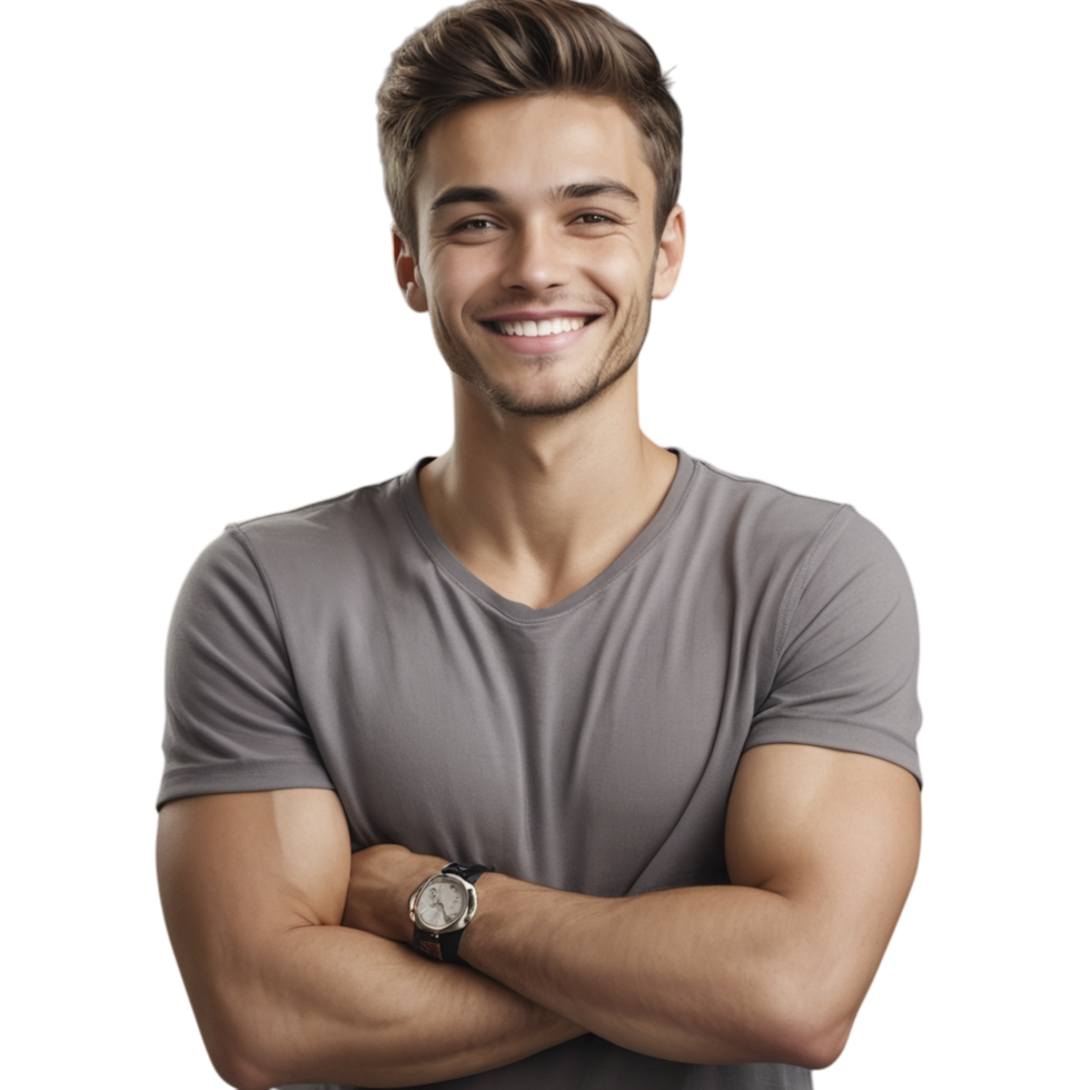 A man in a grey shirt smiling png