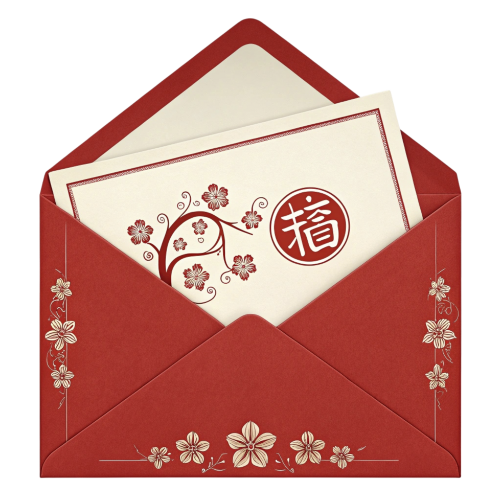 An open envelope with a red envelope and a chinese symbol png