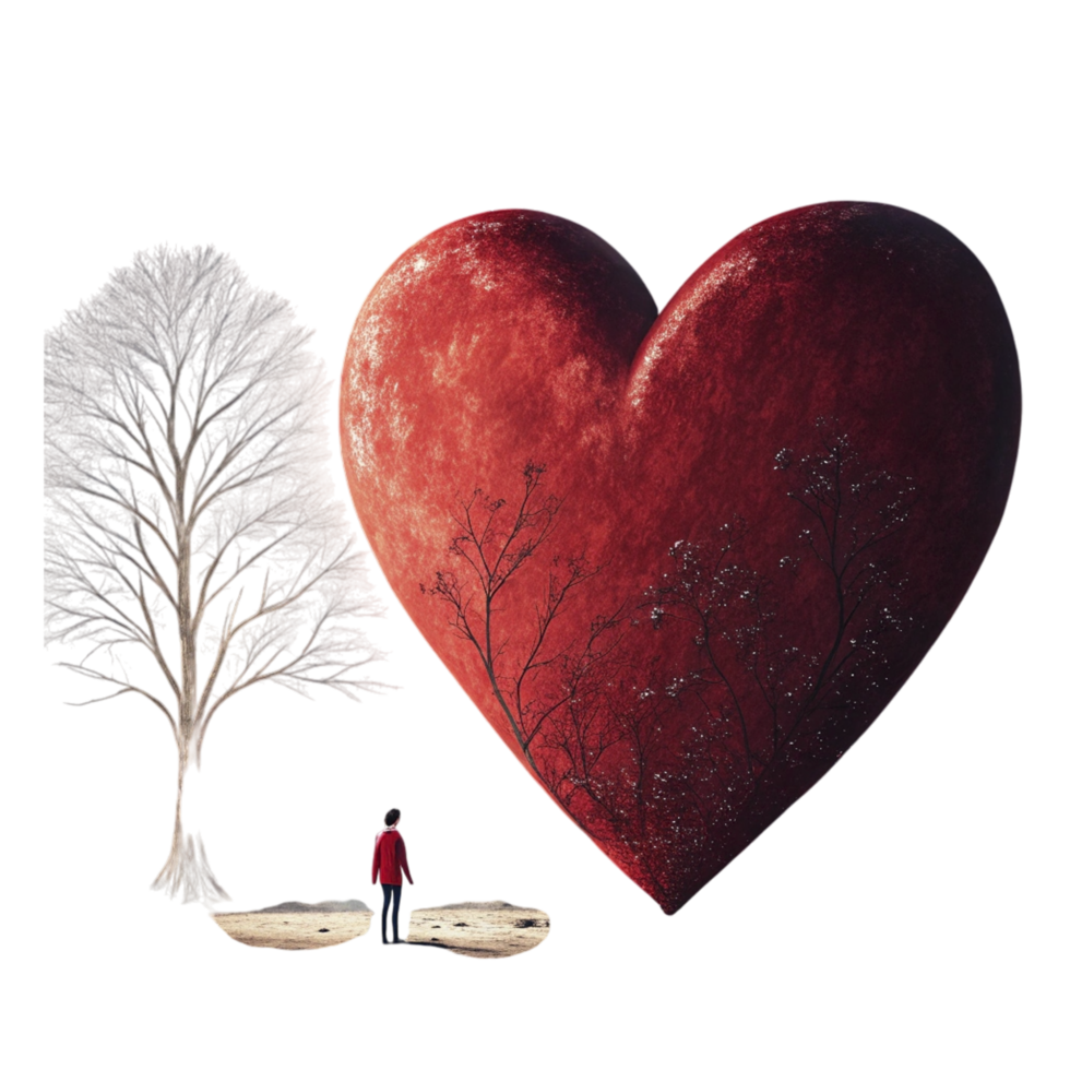 A man standing in front of a large heart with a tree in the background png