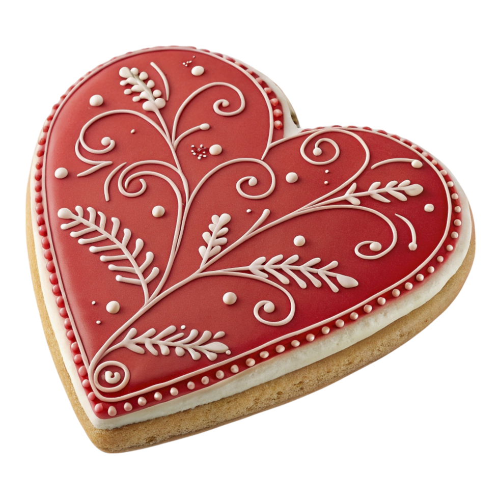A red heart shaped cookie with white decorations png