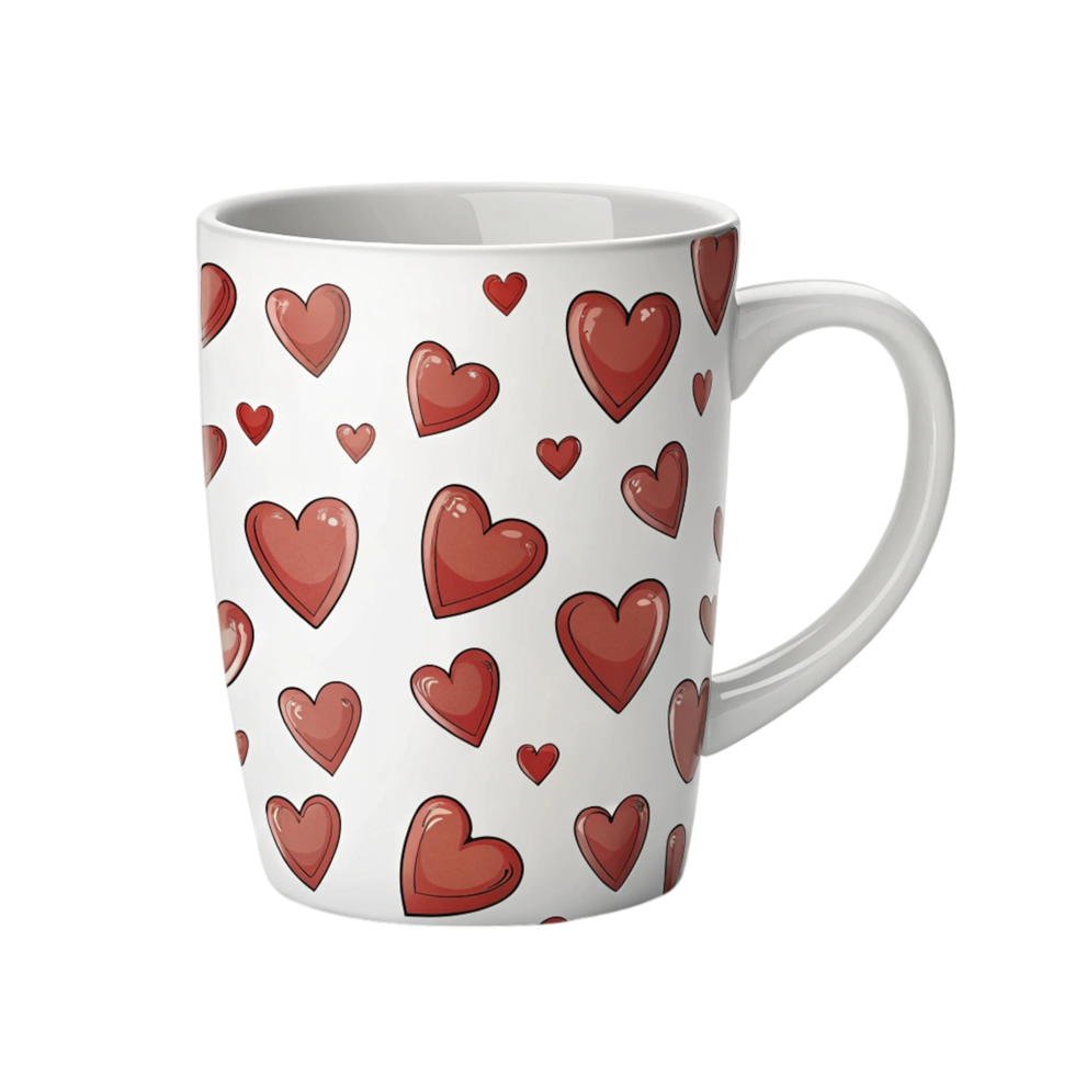 A coffee mug with hearts on it png