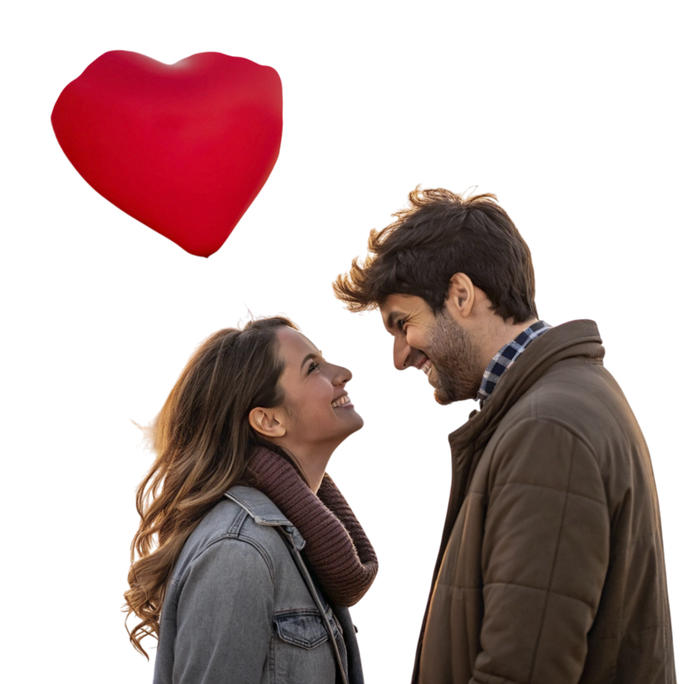 A man and woman are looking at each other with a heart balloon png