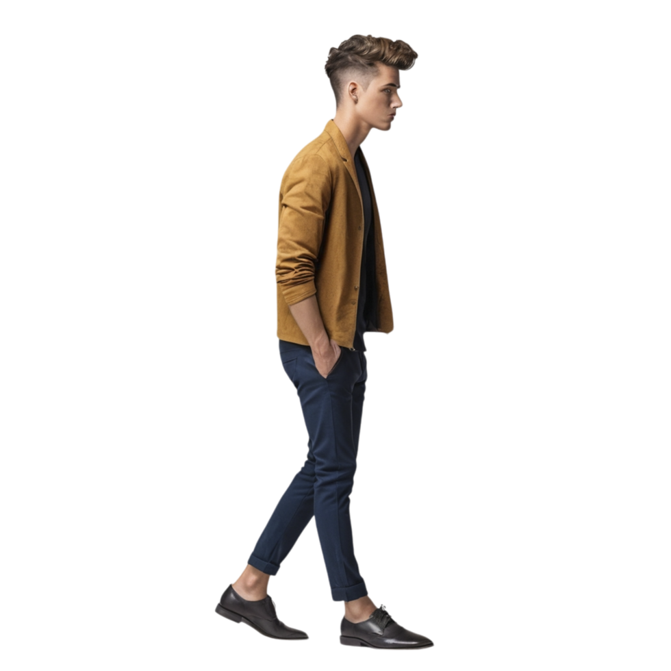 A man in a mustard jacket walking on a black background png