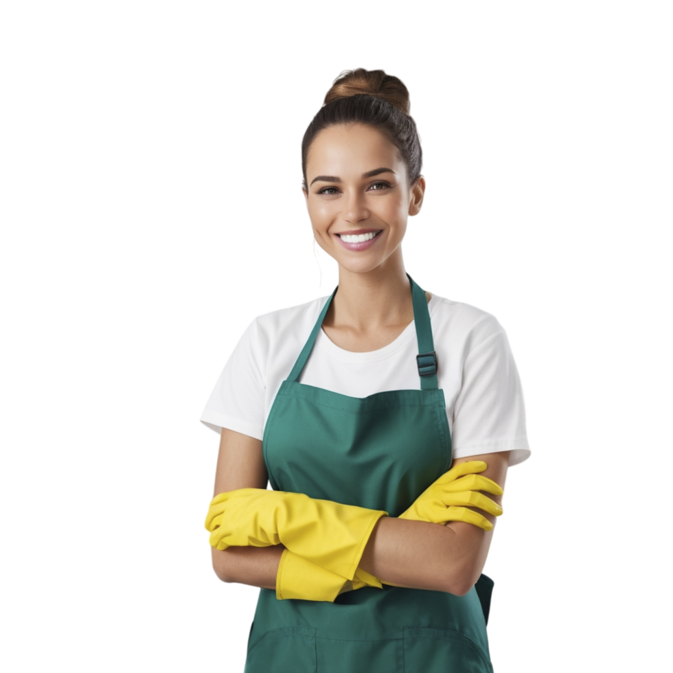 A woman wearing an apron and rubber gloves png