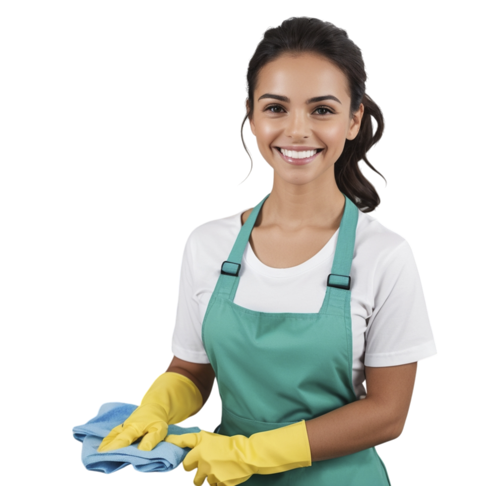 A woman in an apron and rubber gloves holding a cloth png