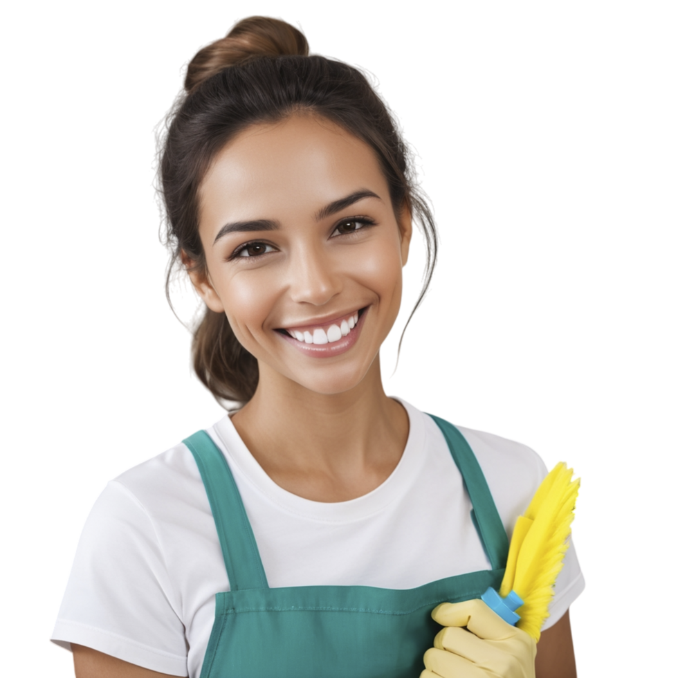 A woman in apron holding a yellow sponge and cleaning cloth png