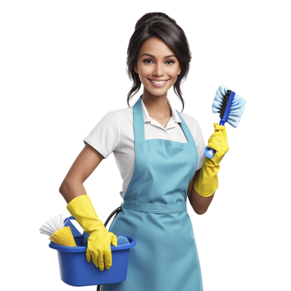 A woman in an apron holding a bucket and cleaning supplies png