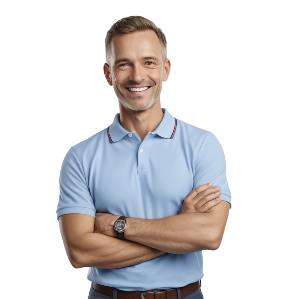 Man in blue polo shirt standing with arms crossed png