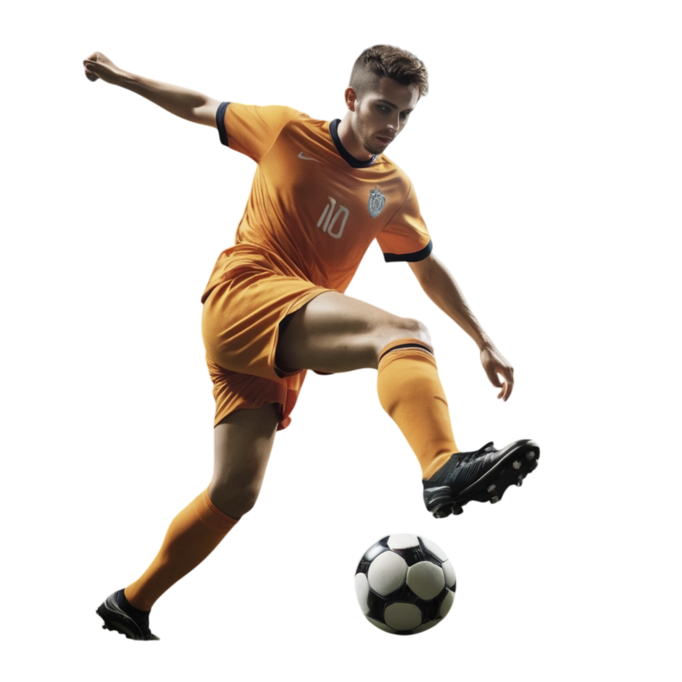 Soccer player kicking the ball on a black background png