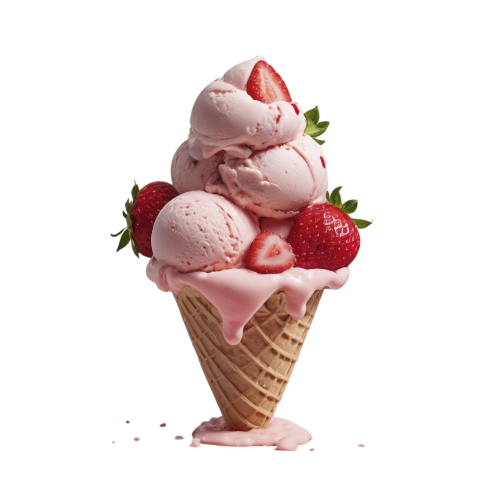 An ice cream cone with strawberries and ice cream png