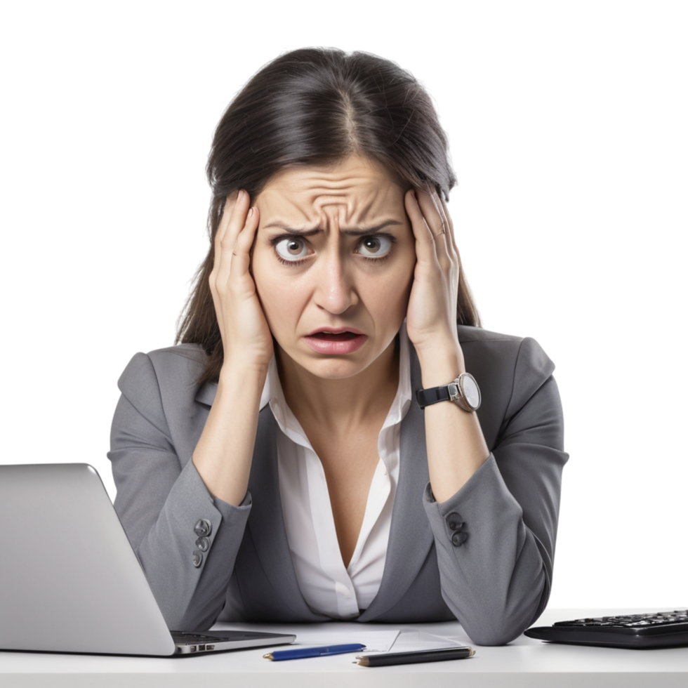 A woman in a business suit is holding her head png