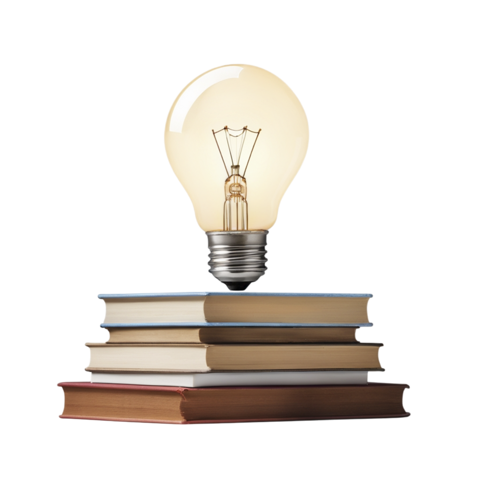 A light bulb is on top of a stack of books png