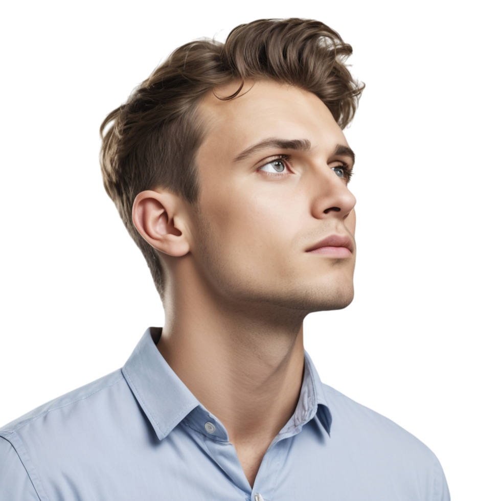 A man in a blue shirt looking up png