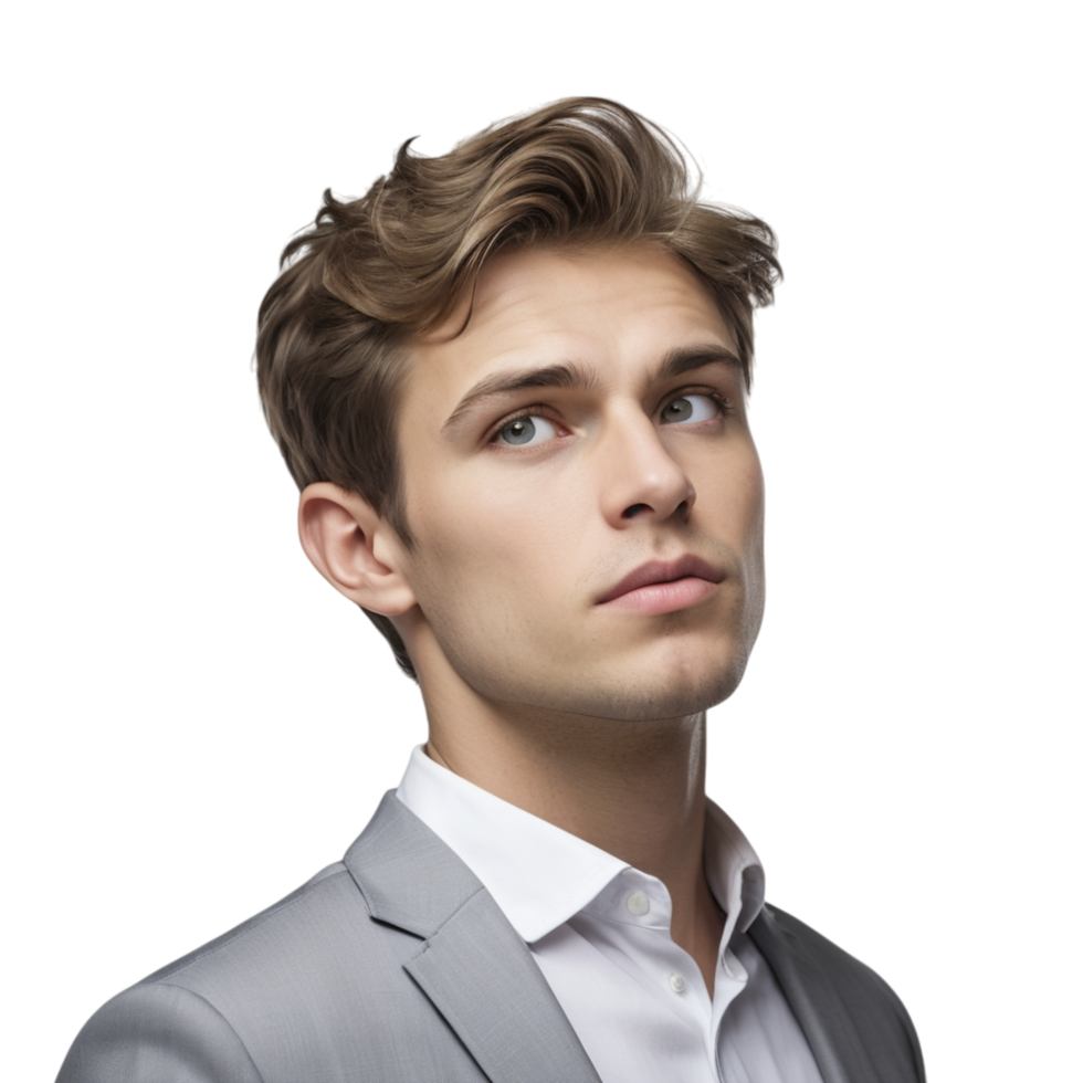 A young man in a suit looking up png