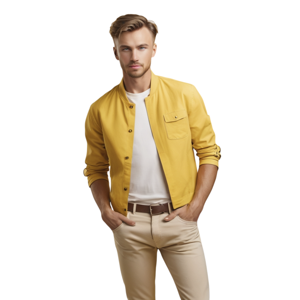 A man in a yellow jacket and tan pants png