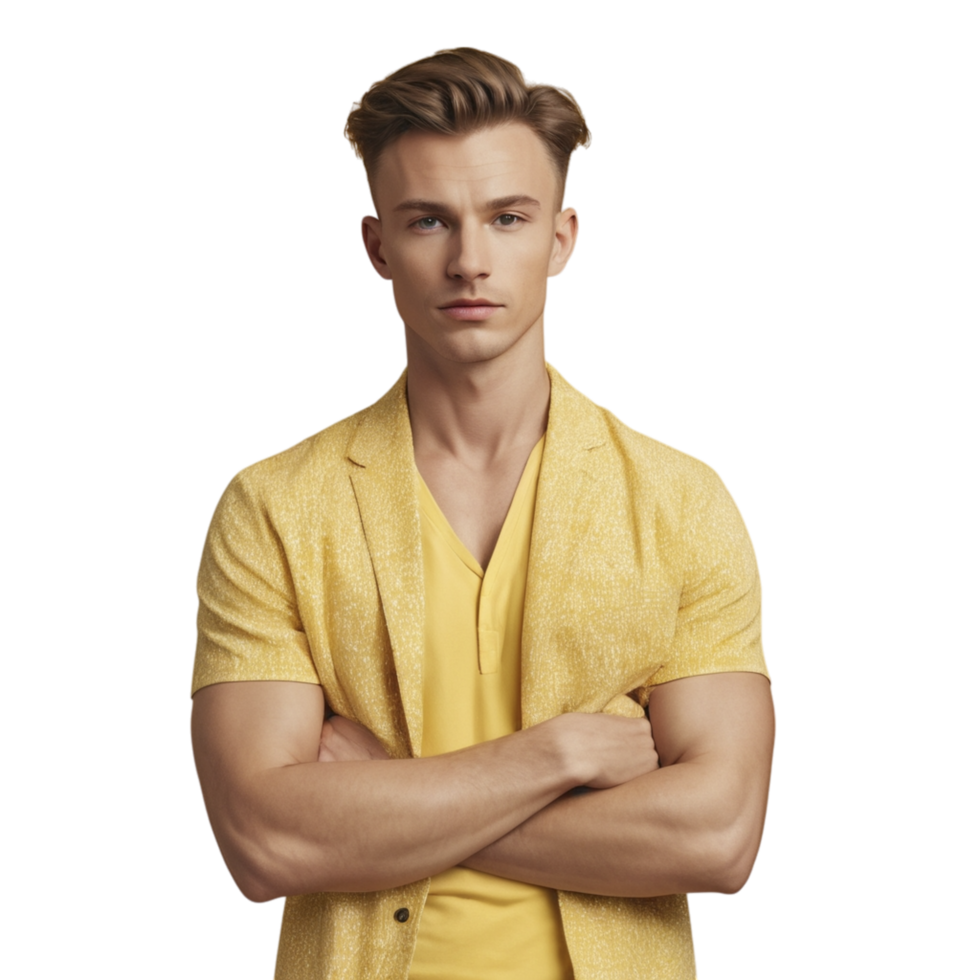 A man in yellow shirt and jacket png