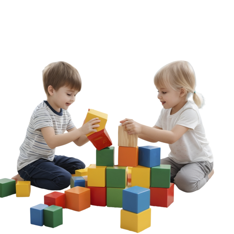 Two children playing with wooden blocks on a black background png