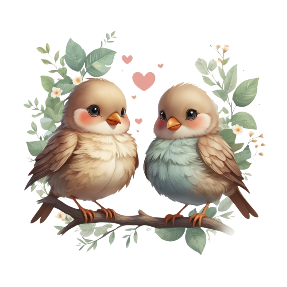 Two birds sitting on a branch with hearts png