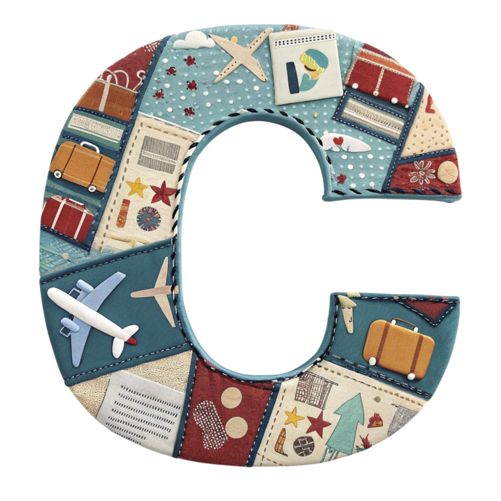 The letter c is made of fabric and has various travel items png