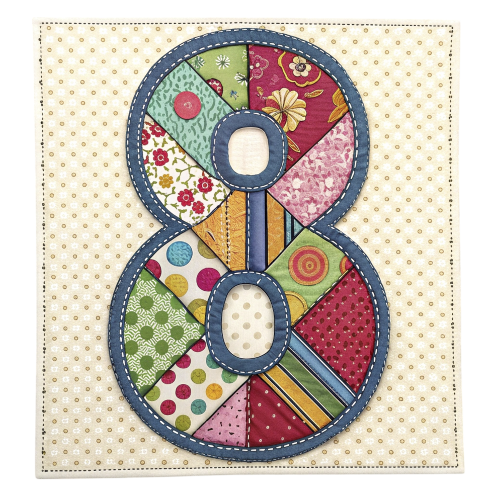 A patchwork number eight is displayed on a white background png