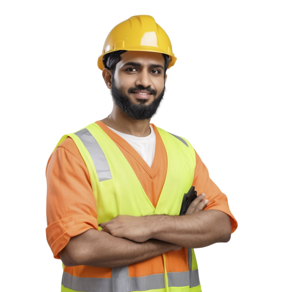 Portrait of a young man in an orange vest and yellow helmet standing with his arms crossed png
