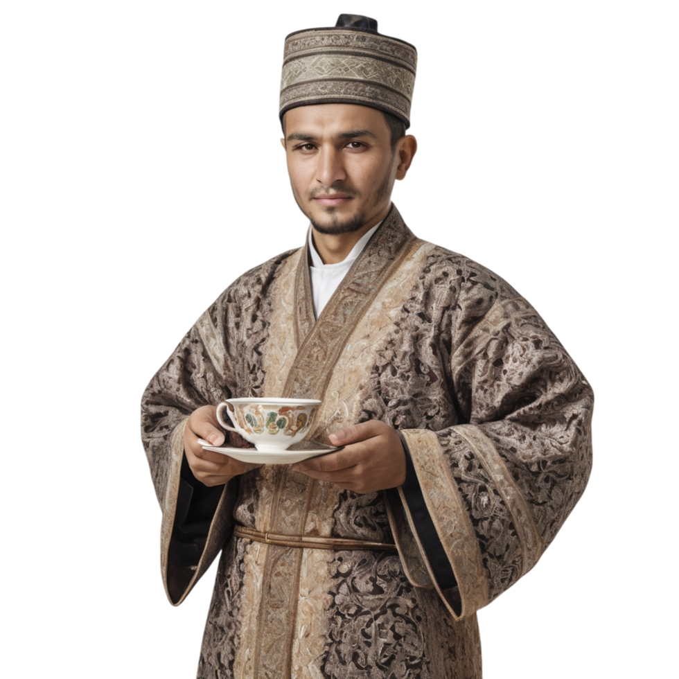 A man in traditional clothing holding a cup of tea png