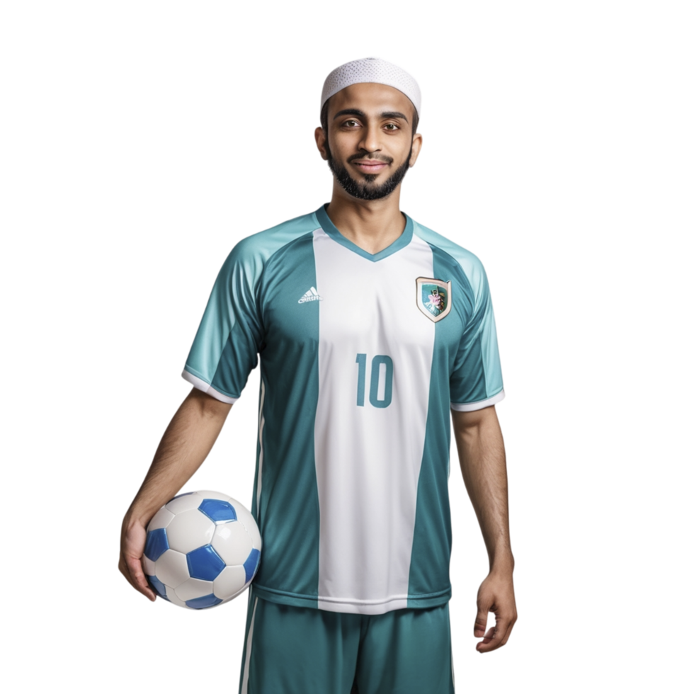 A man in a soccer uniform holding a ball png