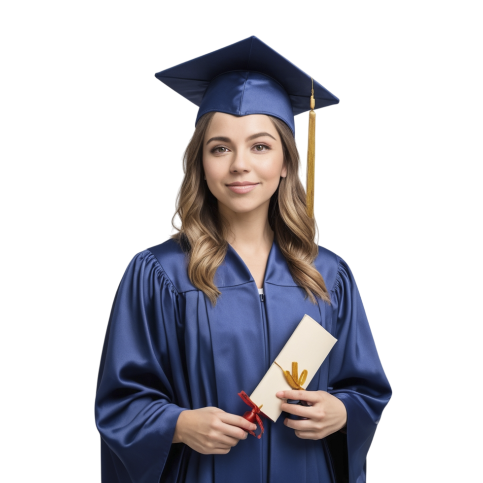 A young woman in a blue graduation gown holding a diploma png