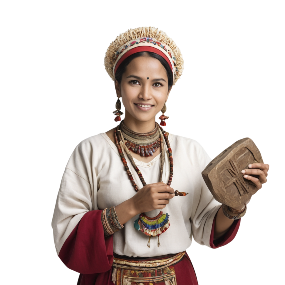 A woman in traditional clothing holding a wooden box png