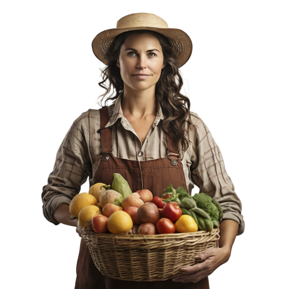 A woman holding a basket full of fruits and vegetables png