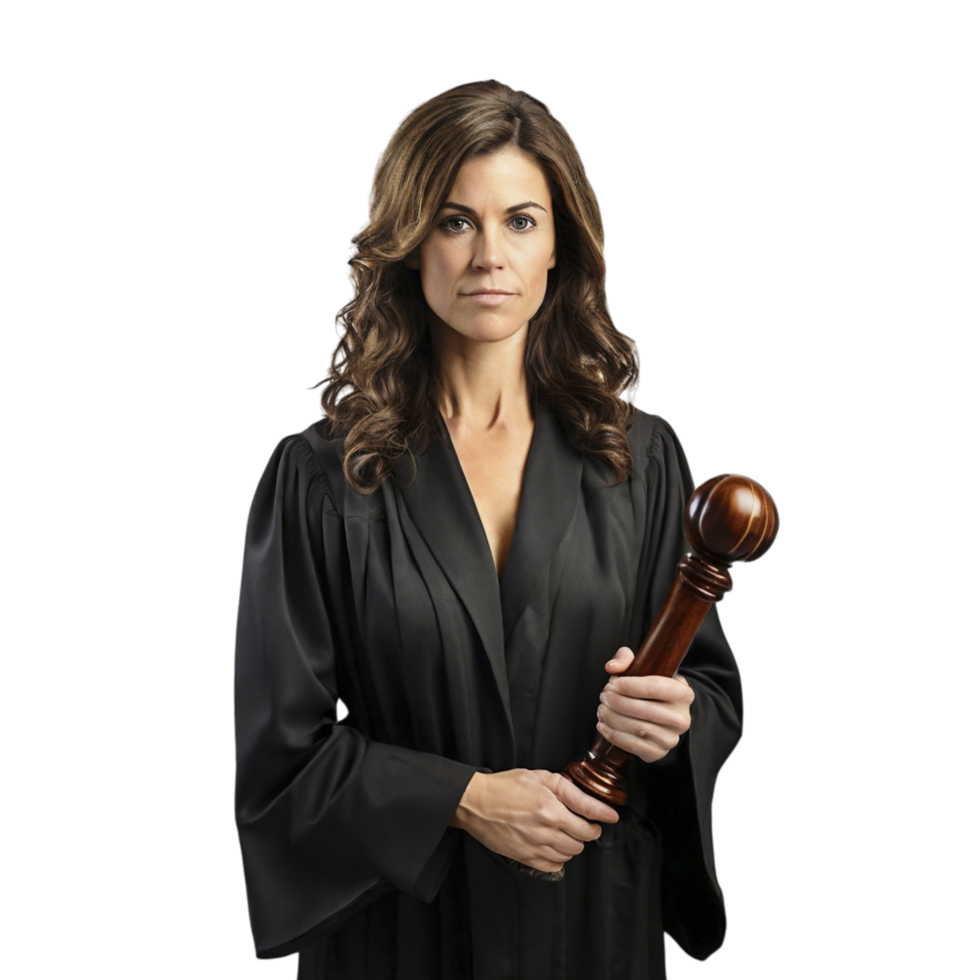 A woman in a judge's robe holding a wooden mallet png