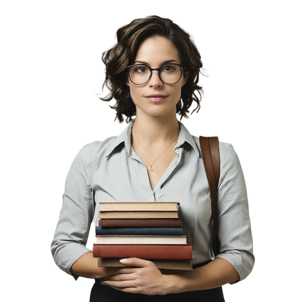 A woman in glasses holding a stack of books png