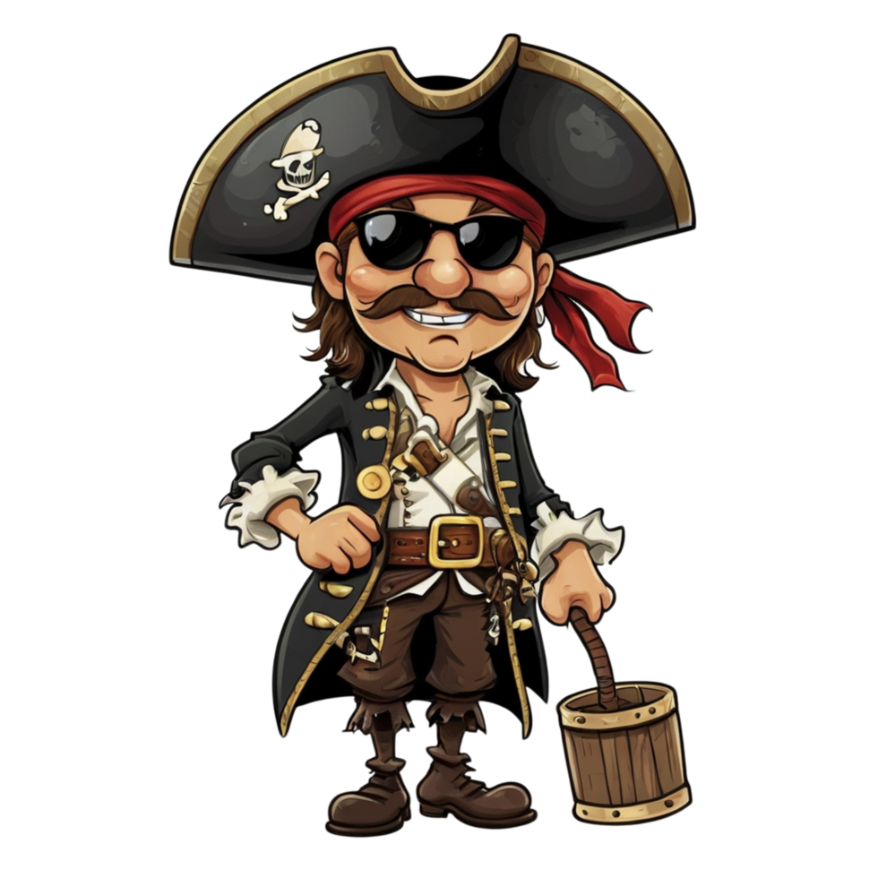 Cartoon pirate with a bucket and a barrel png
