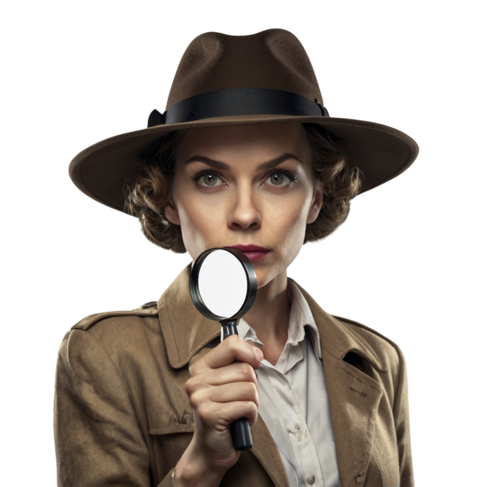 A woman in a hat and trench coat holding a magnifying glass png