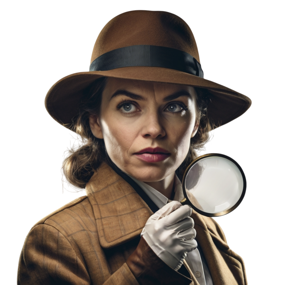 A woman in a hat and coat holding a magnifying glass png